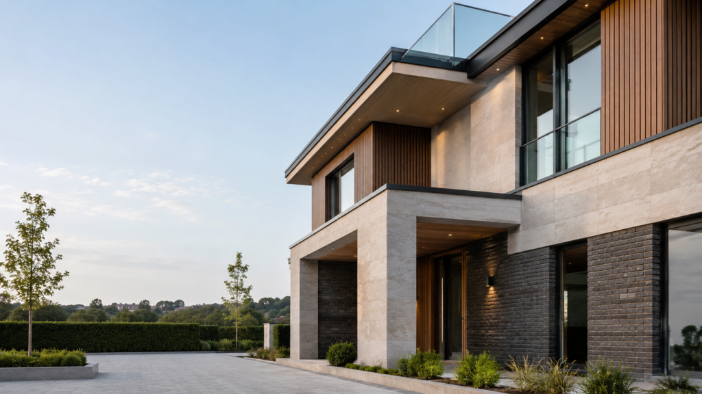Maison contemporaine avec façade en pierre naturelle, bardage bois et grandes baies vitrées